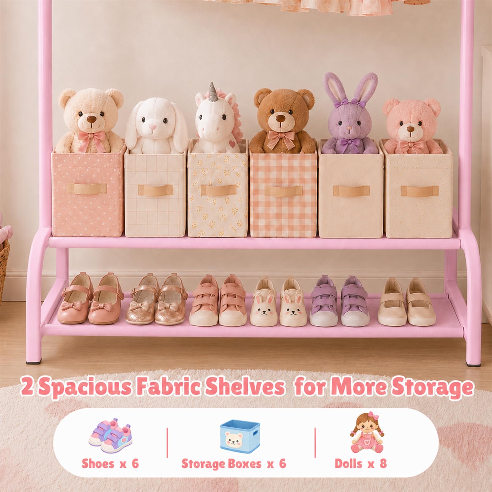 ELUZENE Kids Clothes Rack with 2 Fabric Storage Shelves Pink