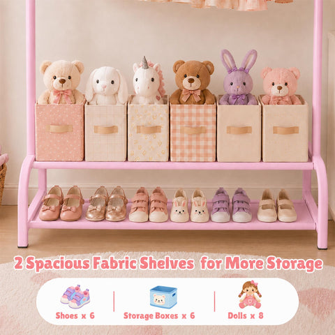 ELUZENE Kids Clothes Rack with 2 Fabric Storage Shelves Pink