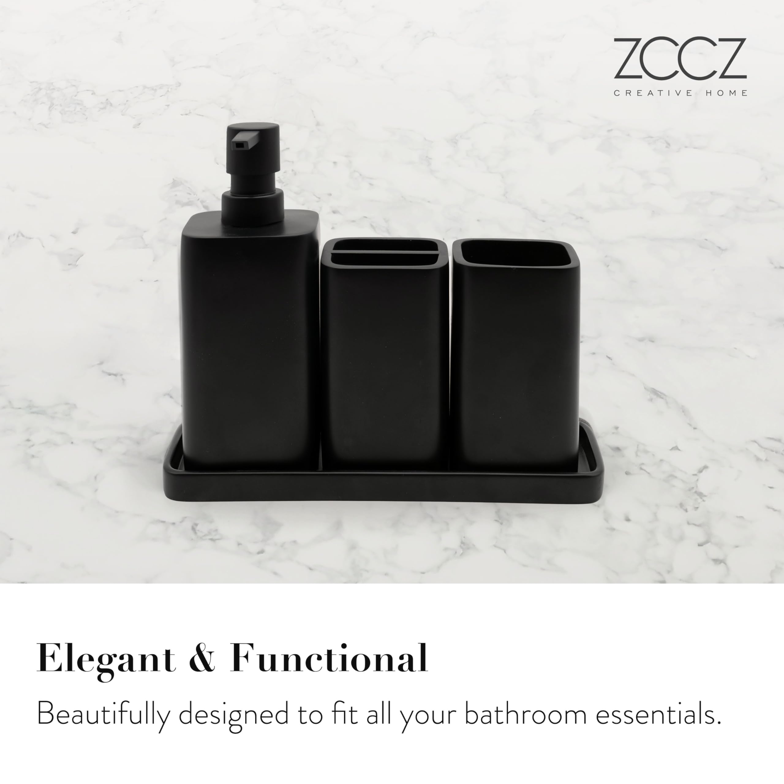 zccz Bathroom Accessory Set - 4 Piece Organiser with Toothbrush Holder, Soap Dispenser, Tumbler and Tray - Black Matte Accessories
