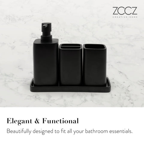 zccz Bathroom Accessory Set - 4 Piece Organiser with Toothbrush Holder, Soap Dispenser, Tumbler and Tray - Black Matte Accessories