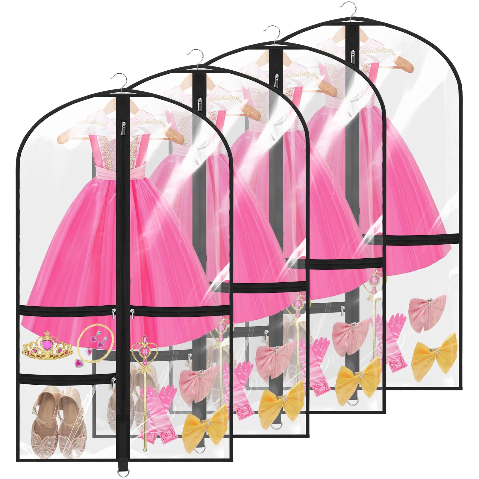 4 Pack Clear Dance Garment Bags 40" Dance Costume Bags with 3 Pockets,Black