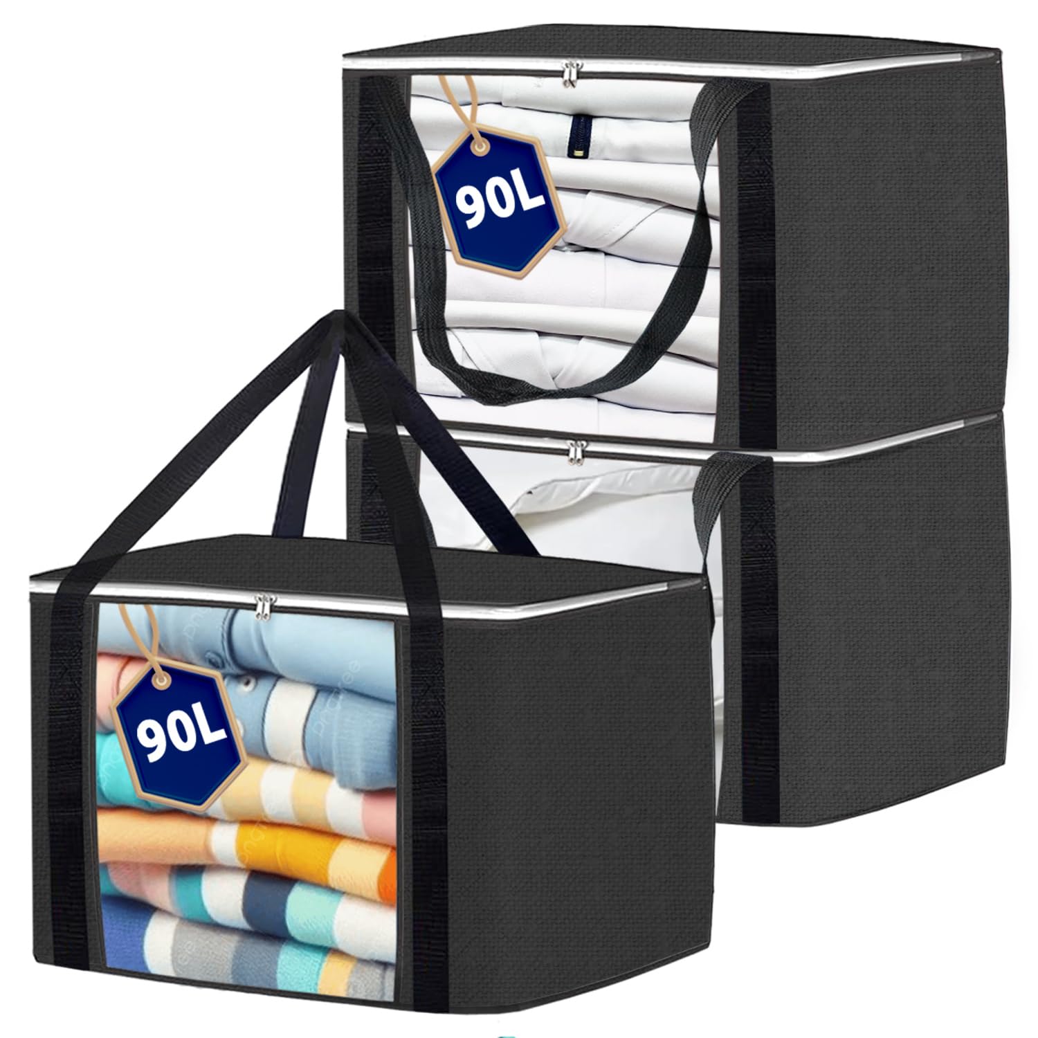 Joybees Clothes Storage Bags with Lids, 3-Pack, 90L Large Foldable Boxes with Zipper & Clear Window, Thick Scratch-Resistant Material