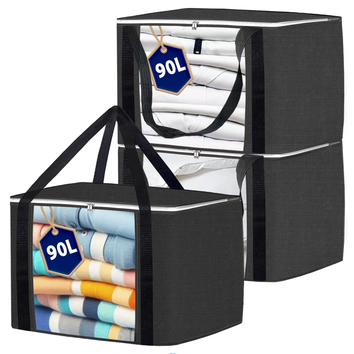 Joybees Clothes Storage Bags with Lids, 3-Pack, 90L Large Foldable Boxes with Zipper & Clear Window, Thick Scratch-Resistant Material