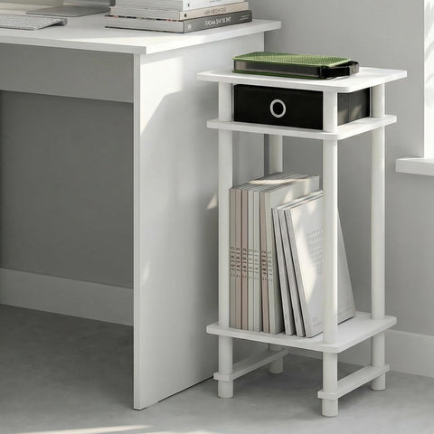Furinno TURN-N-TUBE Side Table, 3-Tier Tall Narrow Modern End Table with Storage Bin, Open Shelf Night Stand, Bedside Table, Toolless Assembly