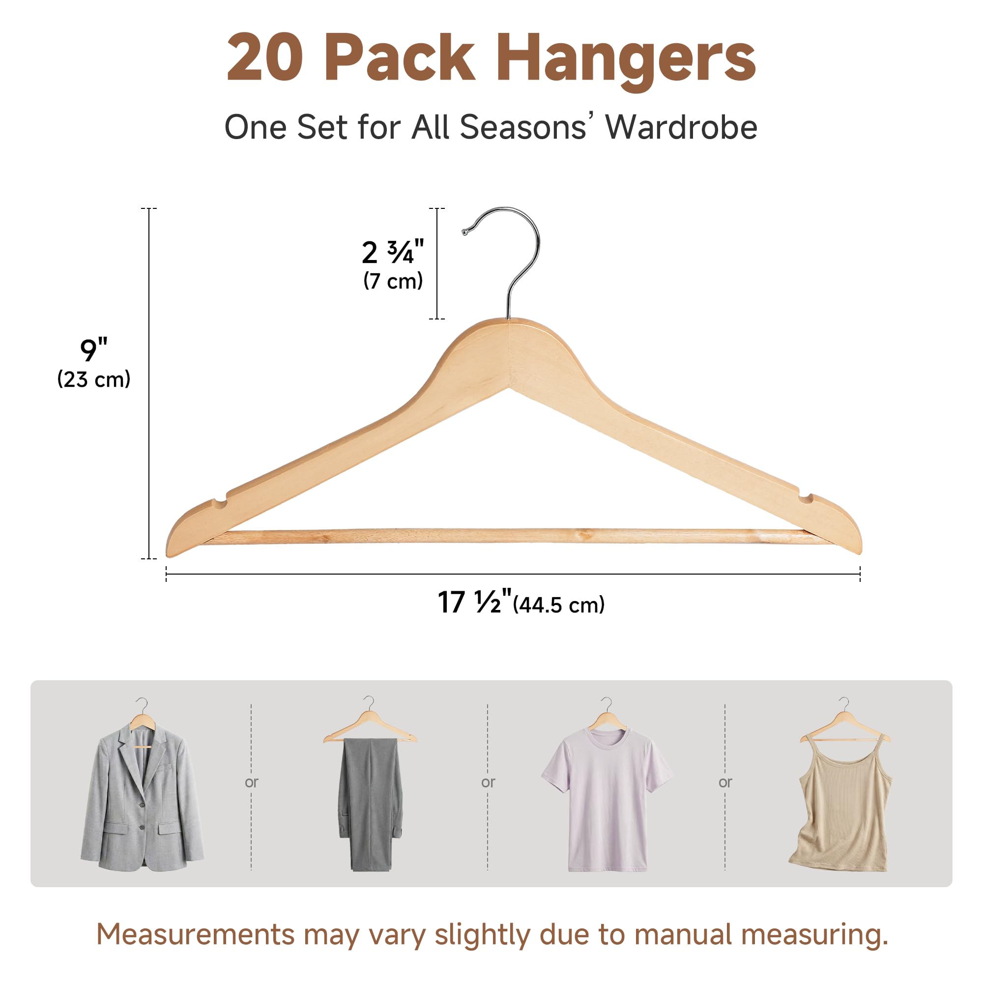 StorageWorks Wooden Coat Hangers 20 Pack, Heavy Duty Natural Wood Hangers for Clothes, Heavy Duty Coathangers with Shoulder Notches