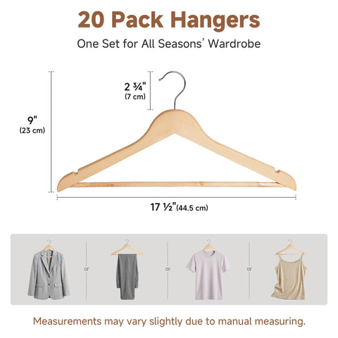StorageWorks Wooden Coat Hangers 20 Pack, Heavy Duty Natural Wood Hangers for Clothes, Heavy Duty Coathangers with Shoulder Notches