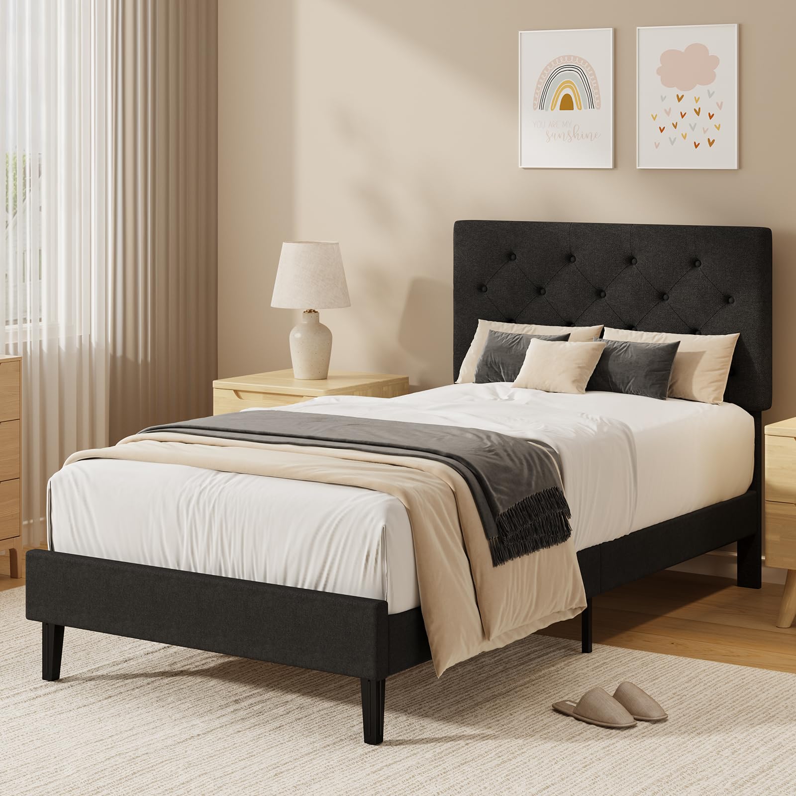 HOMBCK Single Bed Frame, 90 x 190 cm, with Adjustable Upholstered Headboard, Heavy Duty 256kg Weight Capacity, Easy Assembly, No Box Spring Needed