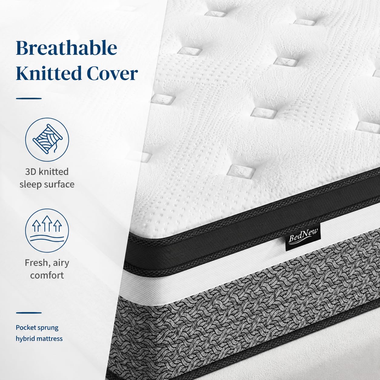 Bednew Hybrid Mattress, Single-Size 32cm 3FT, Medium Firm, Memory Foam & Individually Pocket Spring for Pain Relief, Mattress in a Box