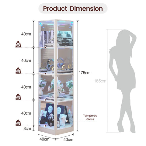 FREDEES Glass Display Cabinet with RGB Lights, 175CM, White