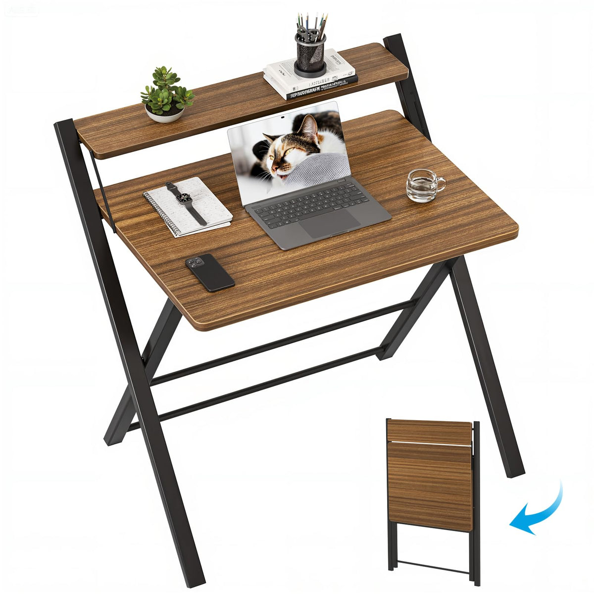 GreenForest No Assembly Required Folding Desk with Monitor Shelf,Espresso