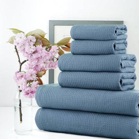 CASA COPENHAGEN Waffle Terry 6-piece set, cotton, extra large, luxurious, antique blue, 2 bath towels XL, 70x140 cm, 2 large hand towels, 50x80 cm
