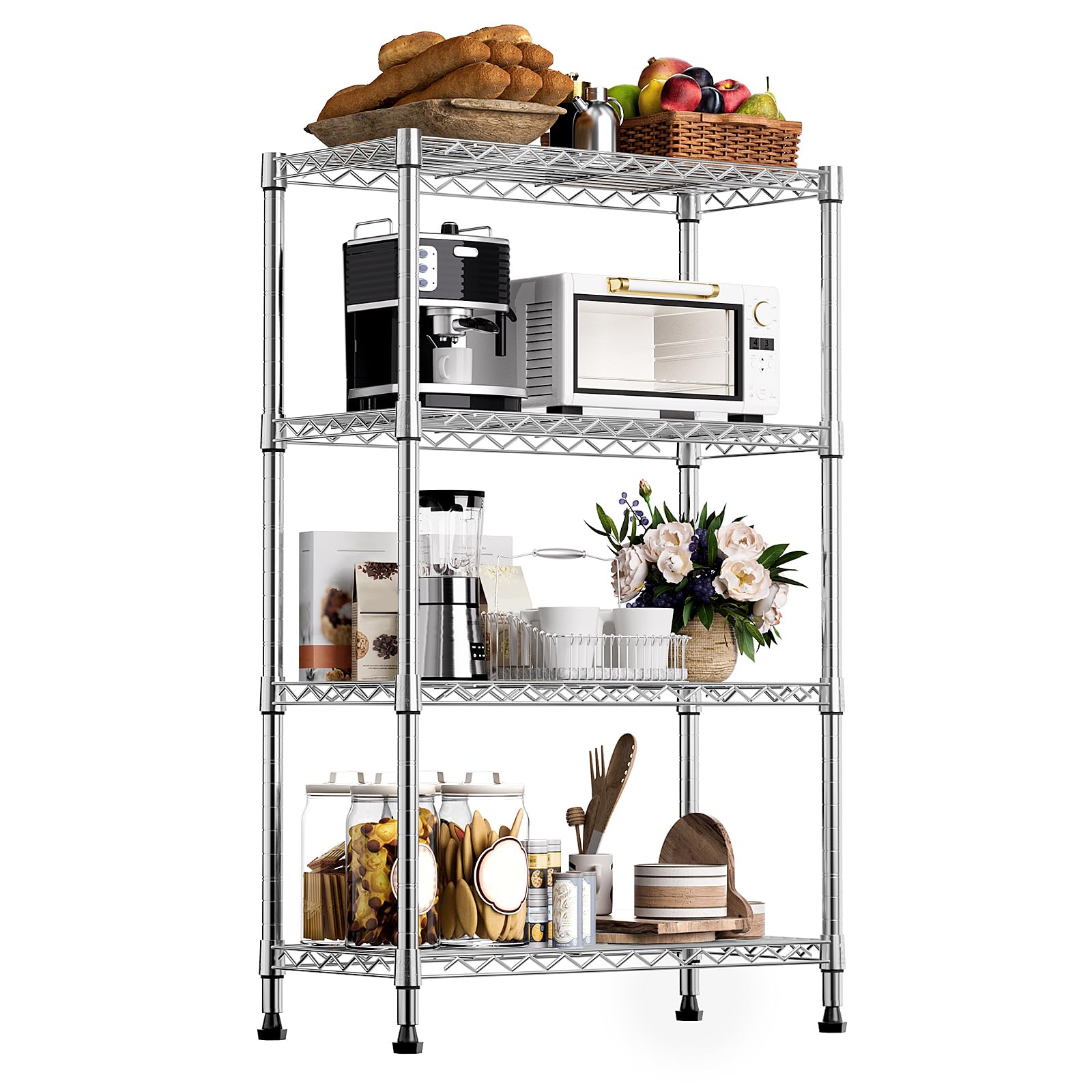 M MZG Height Adjustable Shelves,Heavy Duty Wire Pantry Shelving for Tool Sheds, Garage, and Storehouse,Metal,Chrome,4 tier,35 x 75 x 120 cm