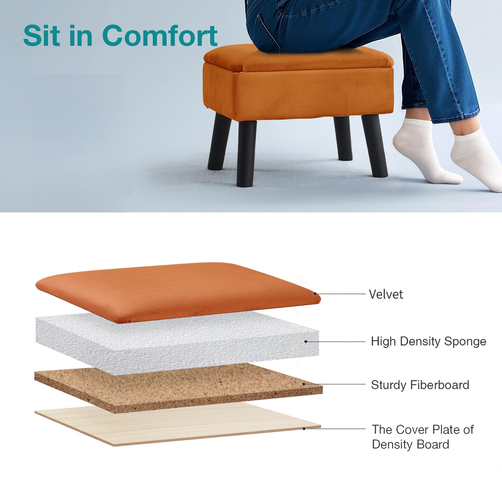 BRIAN & DANY Footstool Ottoman with Storage, Velvet Rectangle Storage Ottoman, Foot Stool with Legs Sofa Footrest for Living Room Entryway Office