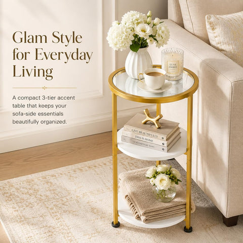 ZEXVIDA 3-Tier Tempered Glass Side Table, White & Gold