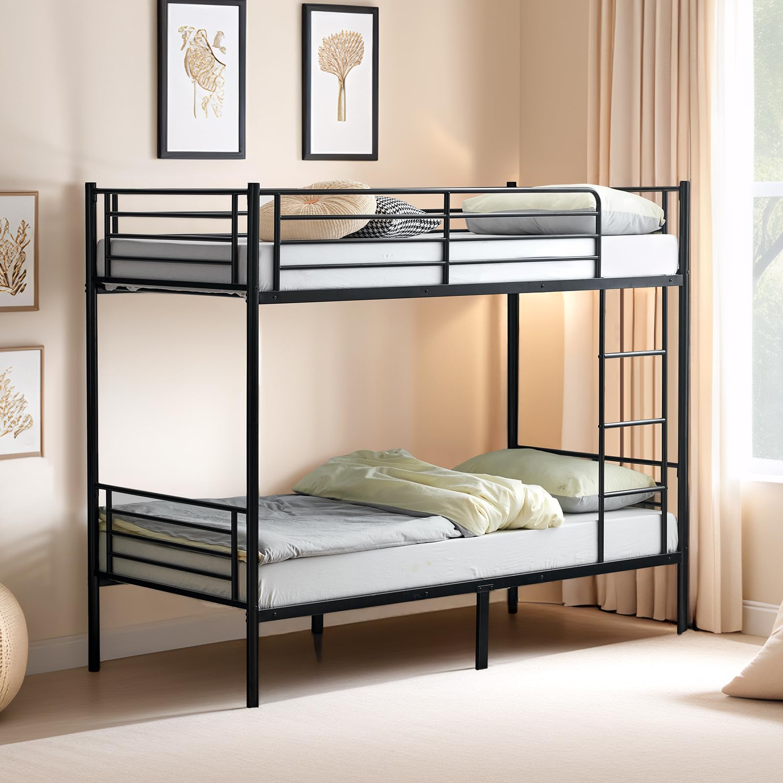 Bonnlo Metal Bunk Bed, Single over Single Loft Bed Frame with Ladder and Safety Guardrail