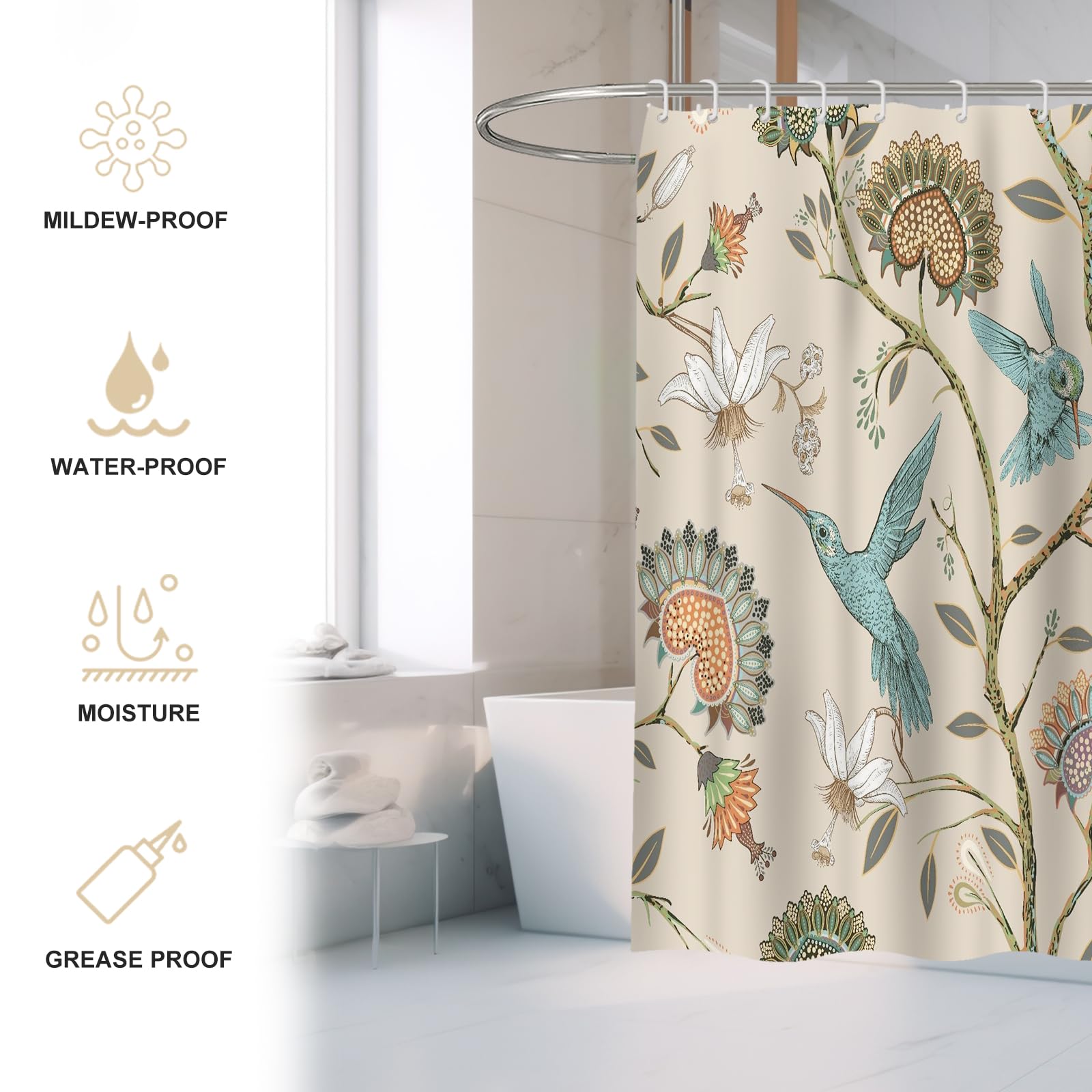 Minicoco Integrated Room Shower Curtain 100% Polyester Waterproof Mould Proof Floral Shower Curtain with 12 Hooks, 180 x 180 cm (White Flower Bird)