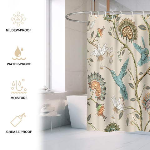 Minicoco Integrated Room Shower Curtain 100% Polyester Waterproof Mould Proof Floral Shower Curtain with 12 Hooks, 180 x 180 cm (White Flower Bird)