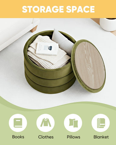 Bonlife Large Storage Ottoman Round - Folding Foot Rest with Hidden Storage, Olive Velvet 58x58x44cm for Living Room, Bedroom & Hallway