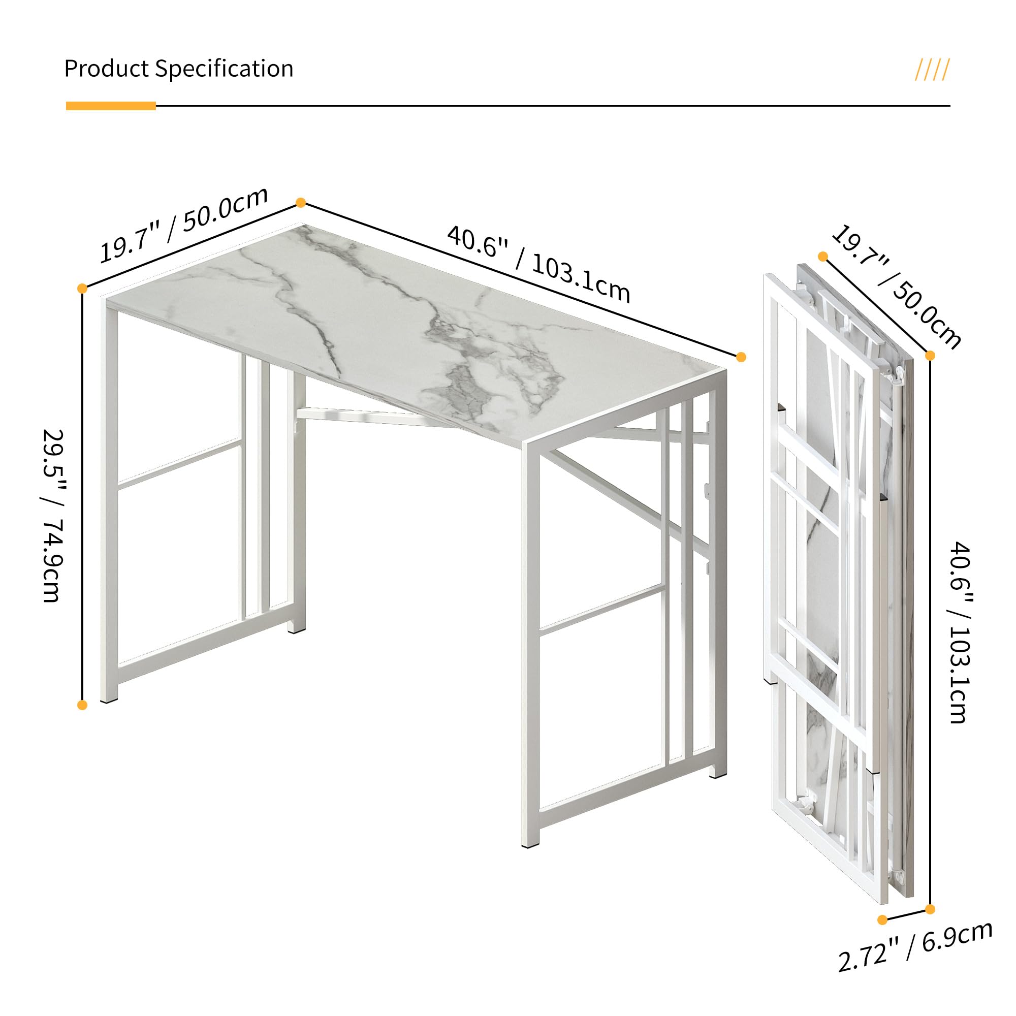 Lutown-Teen Folding Desk 103 cm No Assembly Required, White Marble