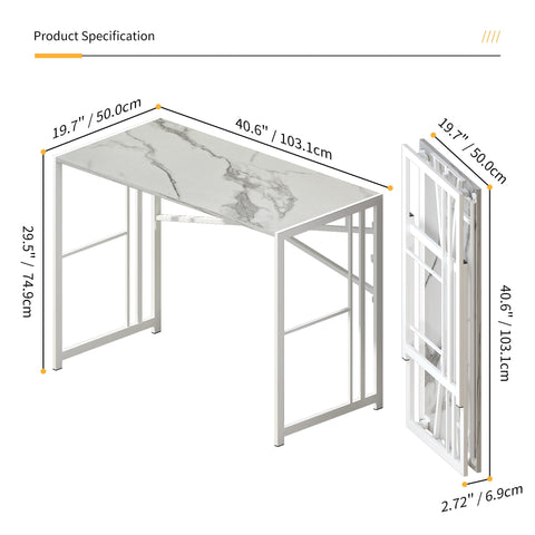Lutown-Teen Folding Desk 103 cm No Assembly Required, White Marble