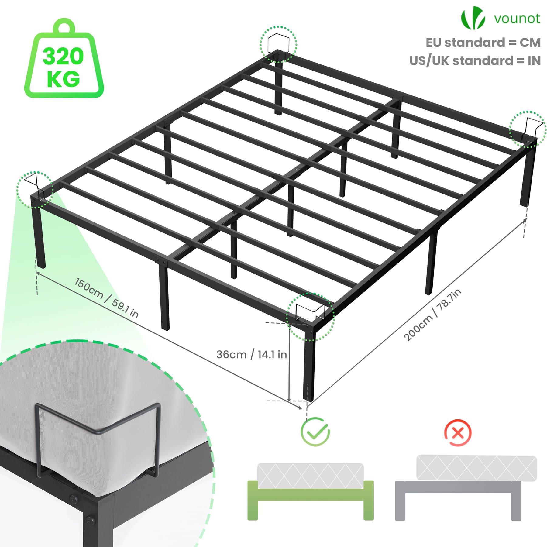 VOUNOT King Size Bed Frame 150 x 200 cm - Sturdy Metal Bed Frame with Steel Slat Support - 36cm Height Storage Space Under the Bed - Black