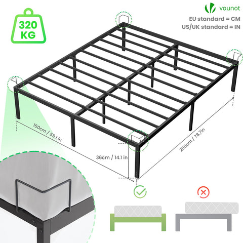 VOUNOT King Size Bed Frame 150 x 200 cm - Sturdy Metal Bed Frame with Steel Slat Support - 36cm Height Storage Space Under the Bed - Black