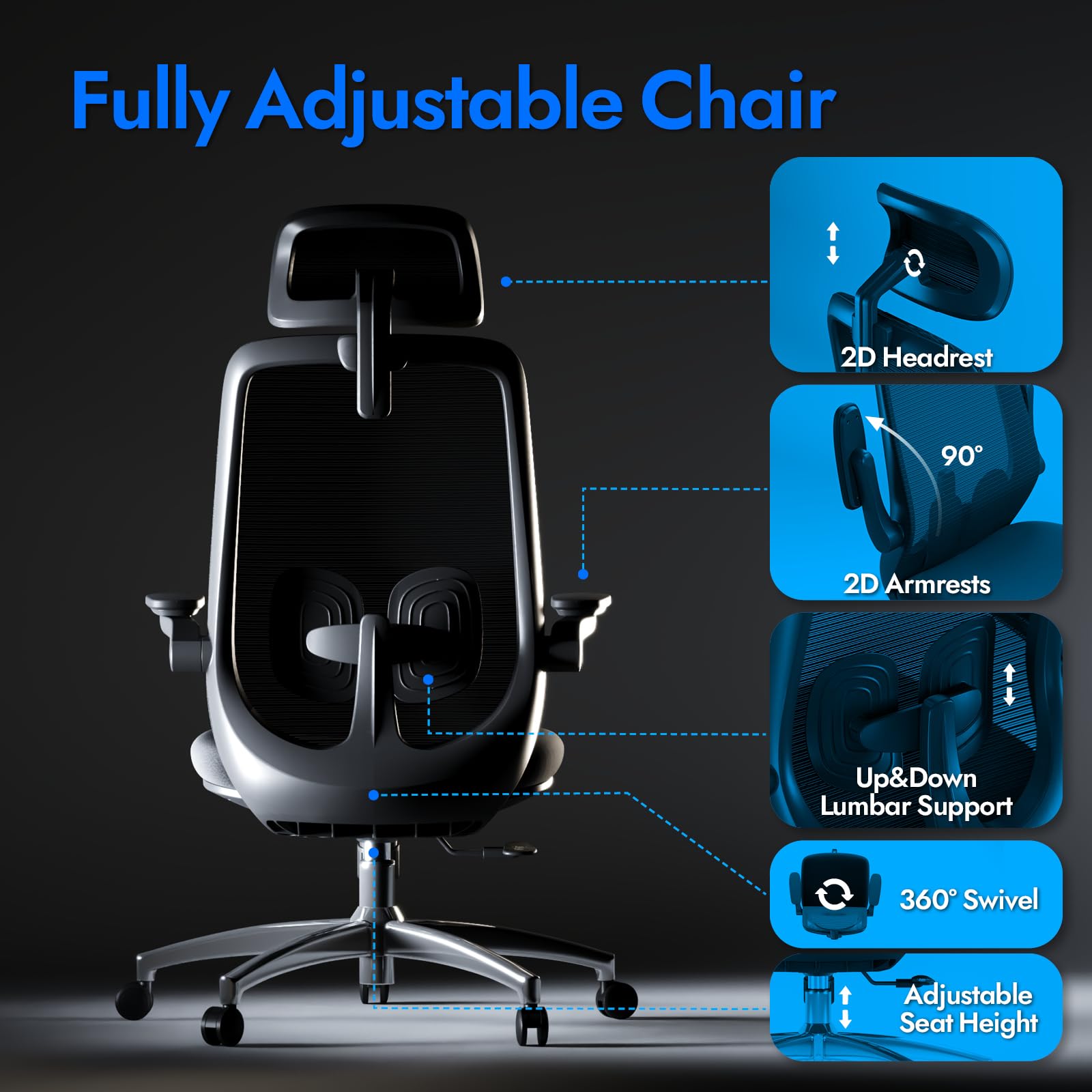 LarkLeaves Ergonomic Mesh Office Chair, Comfy with Adjustable Headrest, Flip-Up Arms, Lumbar Support, Thick Cushion, Swivel for Home Office, Study