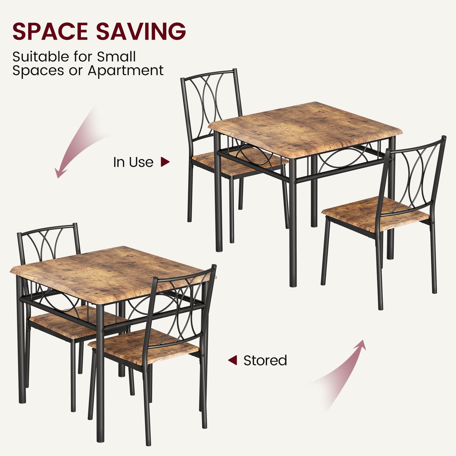 Crevyteg Space Saving Dining Table and 2 Chairs Set for Small Spaces, Compact Kitchen Table Set with Metal Frame and Modern Design for Apartment