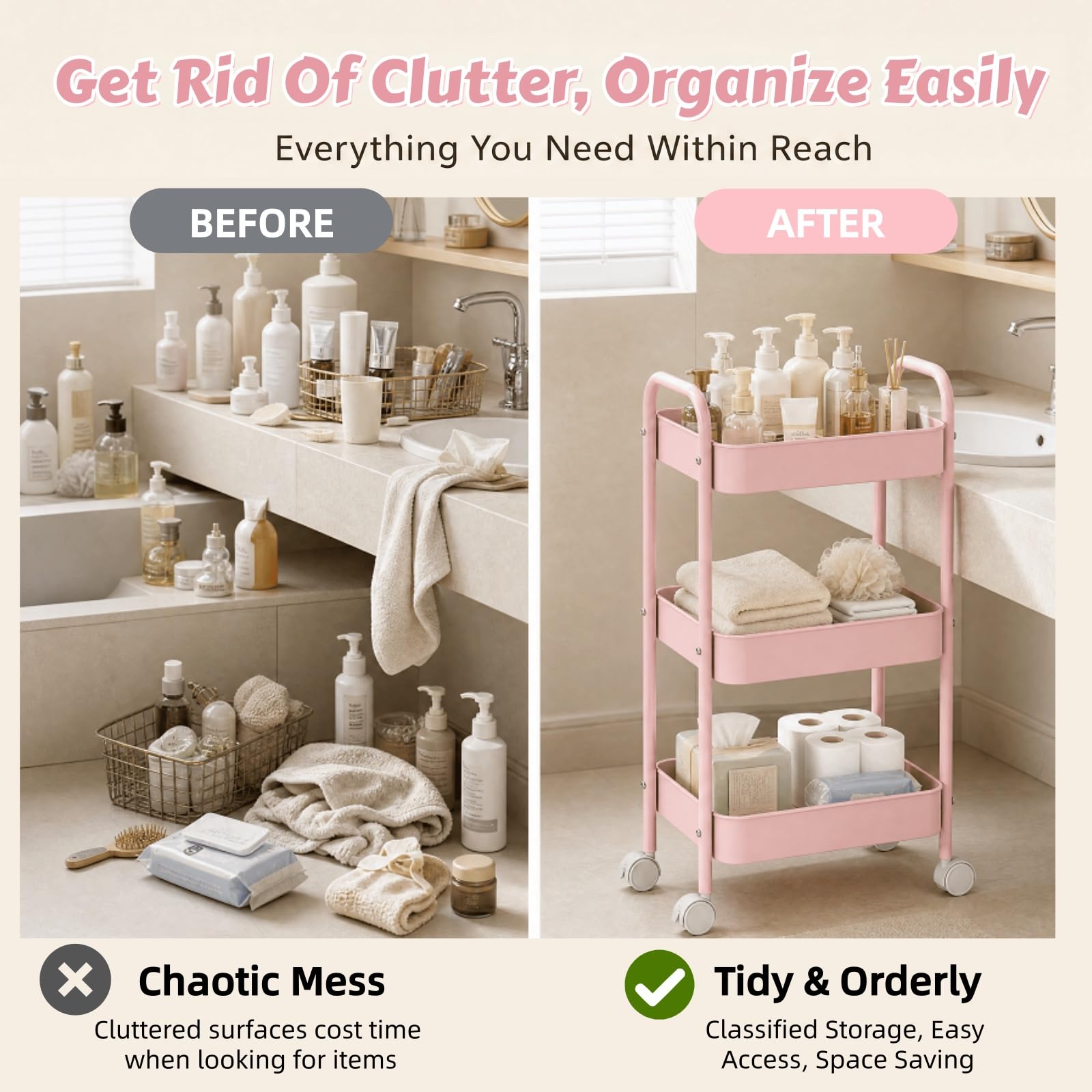 Siocok 3 Tier Metal Storage Trolley on Wheels, Storage Cart, Rolling Utility Cart, Easy Assembly for Home Kitchen, Bathroom Laundry and Office (Pink)