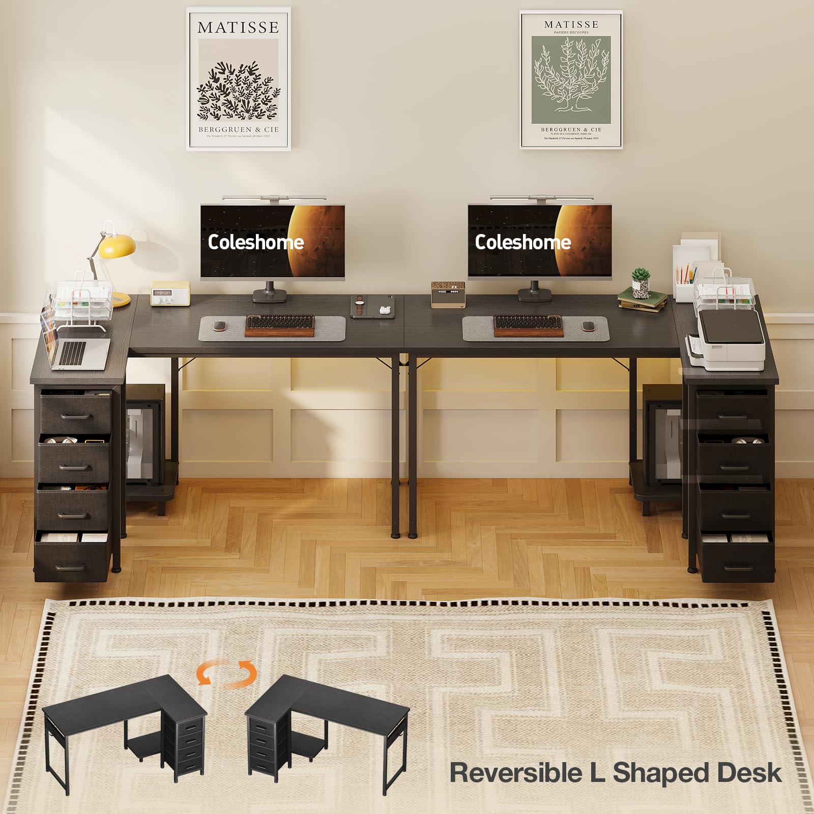 Coleshome Small Corner Desk with Drawers for Home Office, 120x70 cm, Black