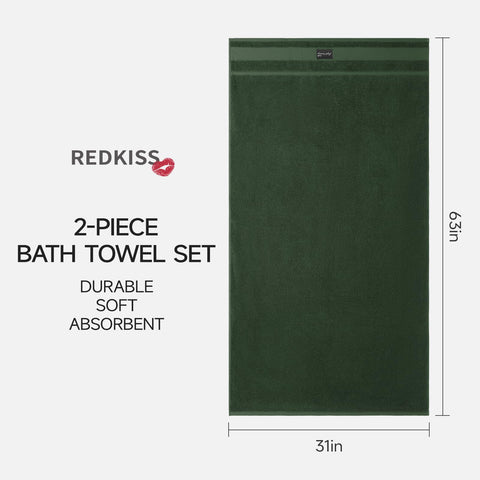 REDKISS 2-pack Dark Green Large Bath Towels-160 x 80CM Cotton Luxury Towel