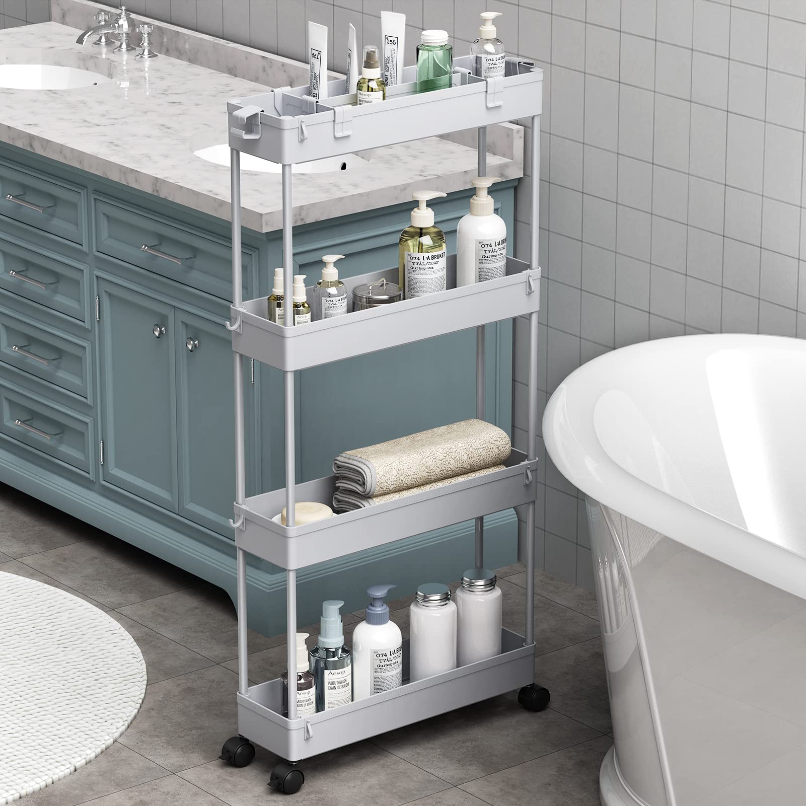 SAKA Slim Storage Cart,4 Tier Bathroom Rolling Utility Cart Storage Organizer Slide Out Cart
