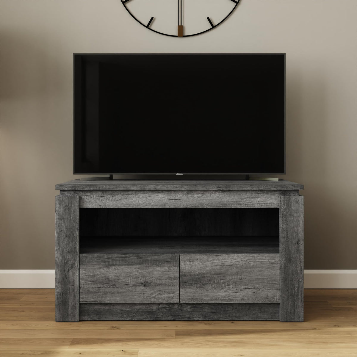 GFW Canyon 2 Drawer TV Unit, Charcoal Grey TV Stand with Storage Drawers & Open Shelf