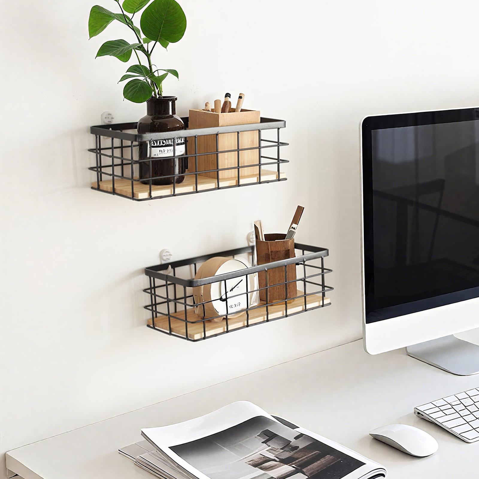 FUNSUEI Set of 2 Wire Storage Basket Bins with Hooks