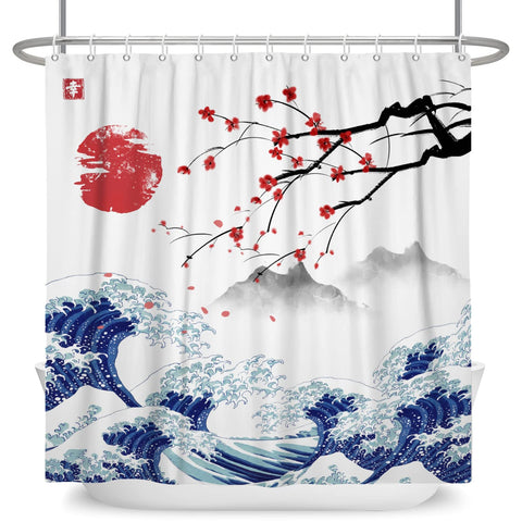 SDOTPMT 180x198cm Japanese Mount Fuji Shower Curtain Cherry Blossom Sunset Asian Ink Painting Bath Curtain Wave Landscape Painting Bathtub Curtain