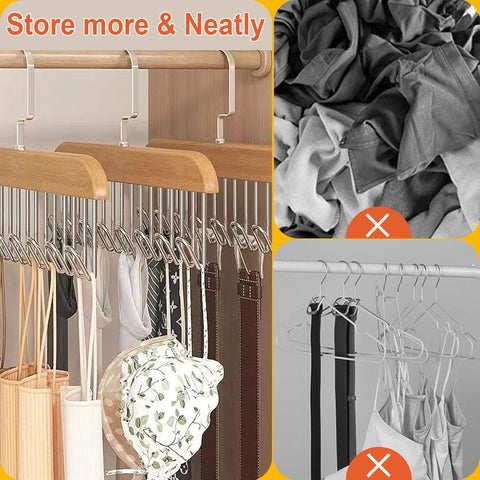 Belt Hanger for Wardrobe, 2 Pack Belt Hanger Wooden, Belt Rack with 8 Hooks,360 Degree Rotating Tie Hanger, Space Saving Belt Holder