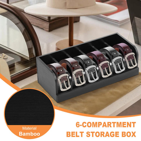 Sutowe Belt Organizer 6 Compartments Belt Storage for Closet and Drawer Bamboo Belt Display Case Belt Box Holder for Men Women Tie Jewelry