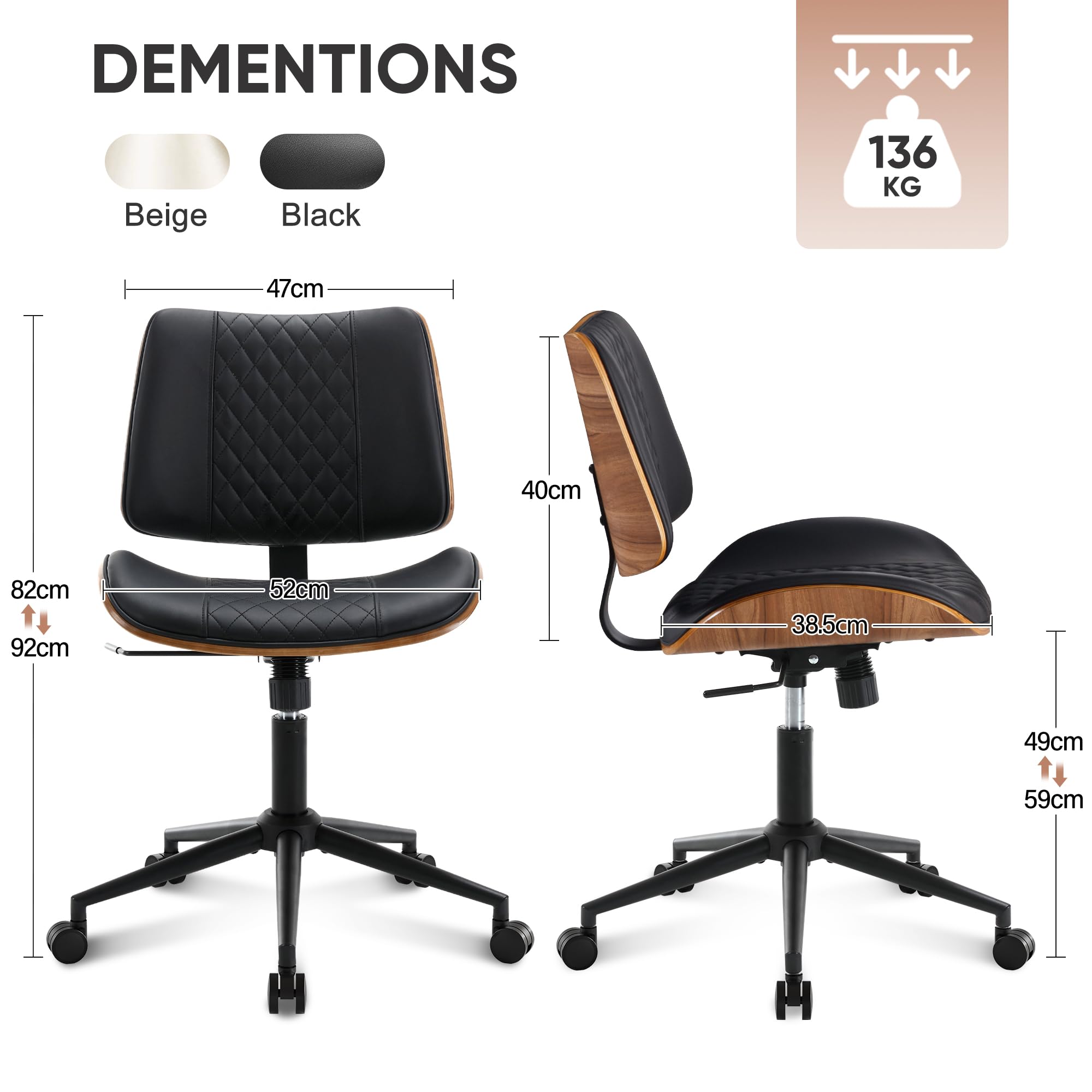 BERYTH Armless Desk Chair with Wheels Boucle Home Office Chair 360° Swivel Adjustable Height PU Leather Max. 136kg Mid Back Modern Bentwood Walnut
