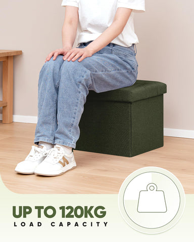 Bonlife Storage Ottoman, Folding Small Foot Rest,Toy Chest Storage Footrest Seat, Footstool for Living Room, Bedroom, Dorm, Linen,Olive,42x32x32cm