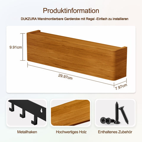 DUKZURA Coat Hooks Wall Mounted, Coat Rack with Hidden Wall Hooks, Coat Hooks with Shelf -Key Holder for Hallway, Bedroom