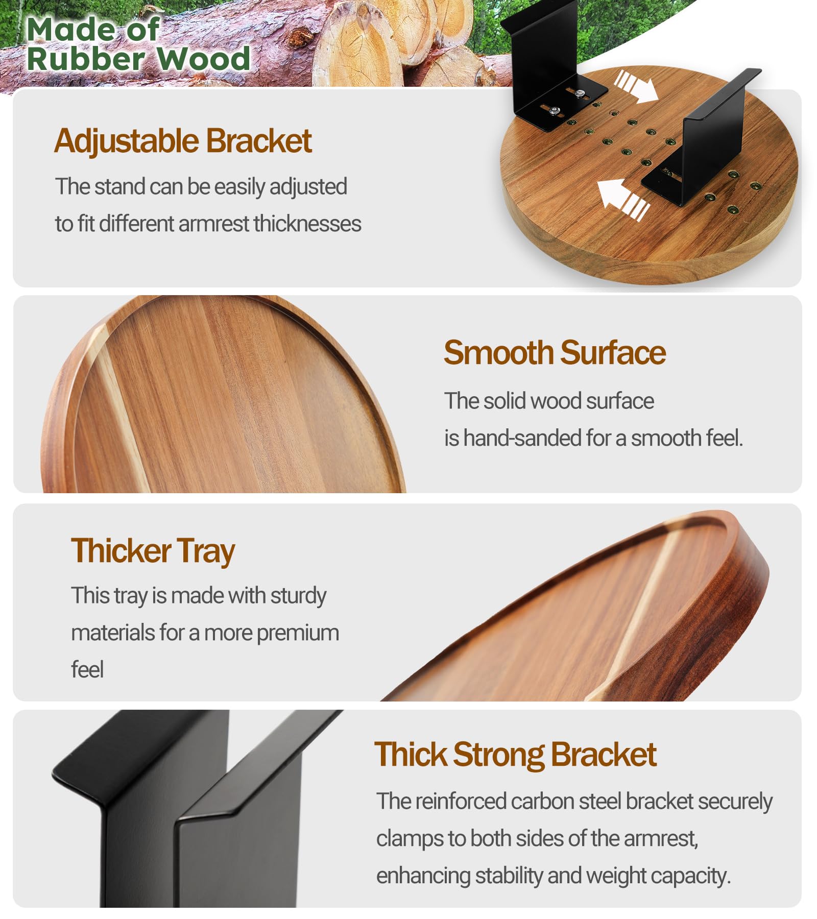 Semjar Acacia Wood Sofa Arm Table,Adjustable Round Couch Armrest Tray,Wooden Chair Arm Table Sofa Arm Tray for Wide Thin Couches Arm,Arm Trays