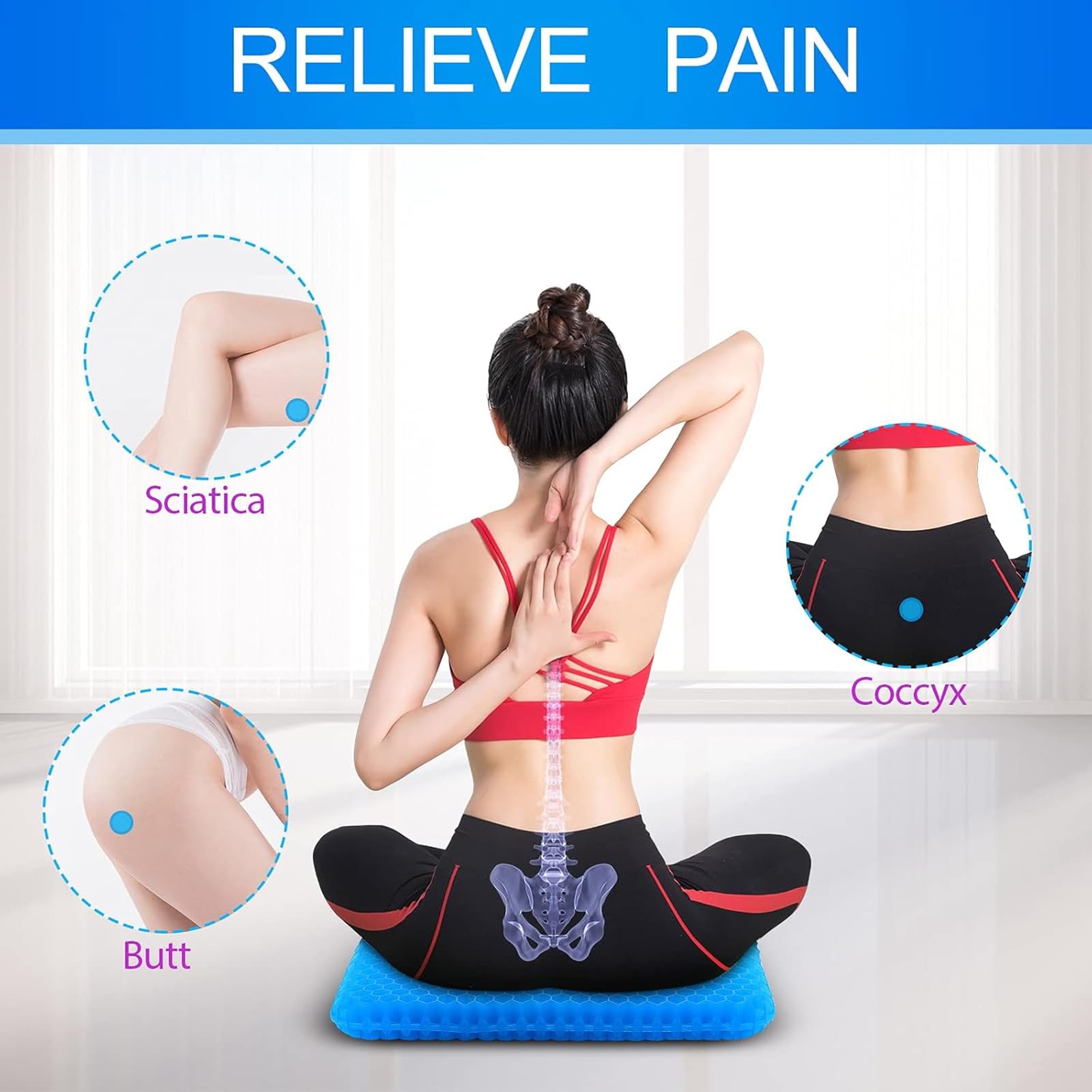 Gel Seat Cushion for Long Sitting, Honeycomb Design Double Thick Gel Cushion for Coccyx Sciatica & Lower Back Pain Pressure Relief