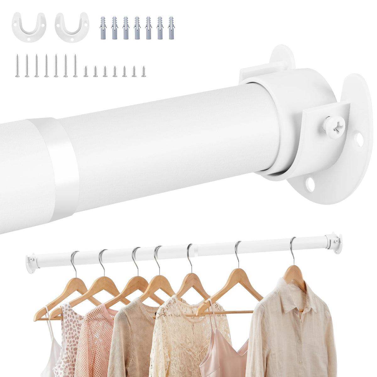 Wardrobe Rail,Extendable Clothes Rails, Stainless Steel adjustable wardrobe pole with Fixing Sockets and Screws for Wardrobe and Cupboard