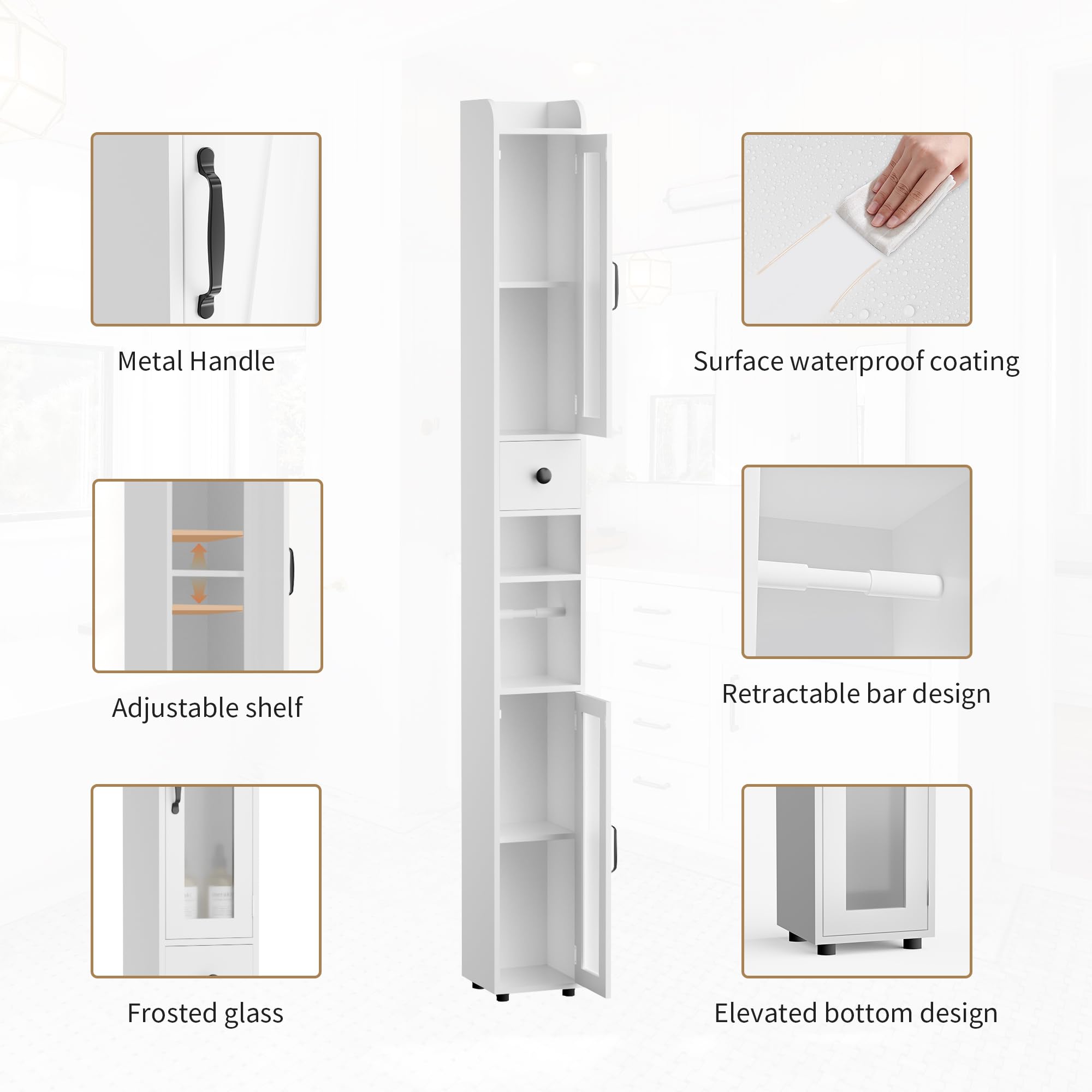 BonVache Tall Bathroom Storage Cabinet, Slim Storage Unit with Adjustable Shelves, Bathroom Shelves Cupboard for Kitchen Hallway Living Room Bedroom