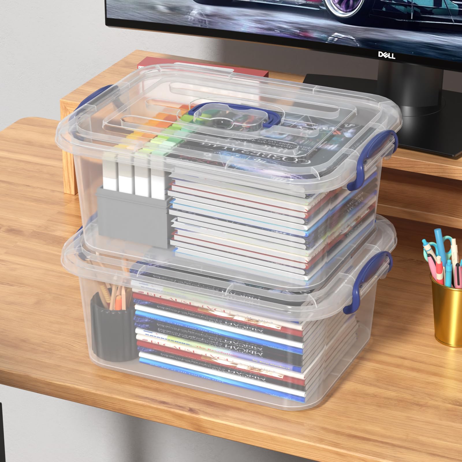 Xeabia 8 L Clear Plastic Latch Storage Boxes with Lid & Handle 2 Packs Blue