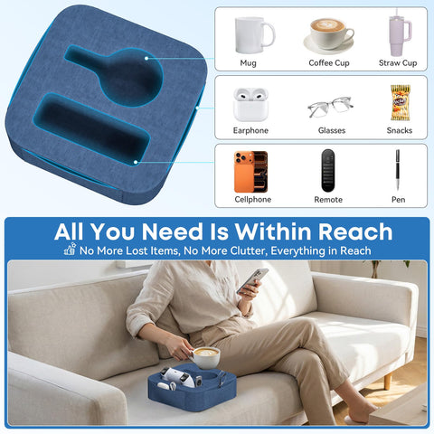Couch Cup Holder Pillow, Multi-Function Sofa Armrest Organiser with Tablet Slot & Handle, Portable Couch Caddy for Remote Control, Drinks & Snacks