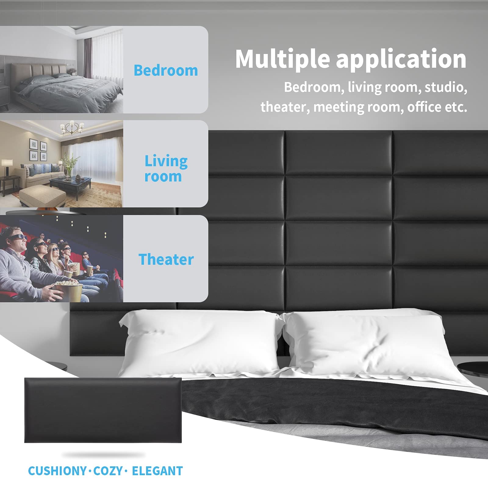Art3d 4-Pack Peel and Stick Upholstered Headboard, 9.84 x 23.62 in, Black