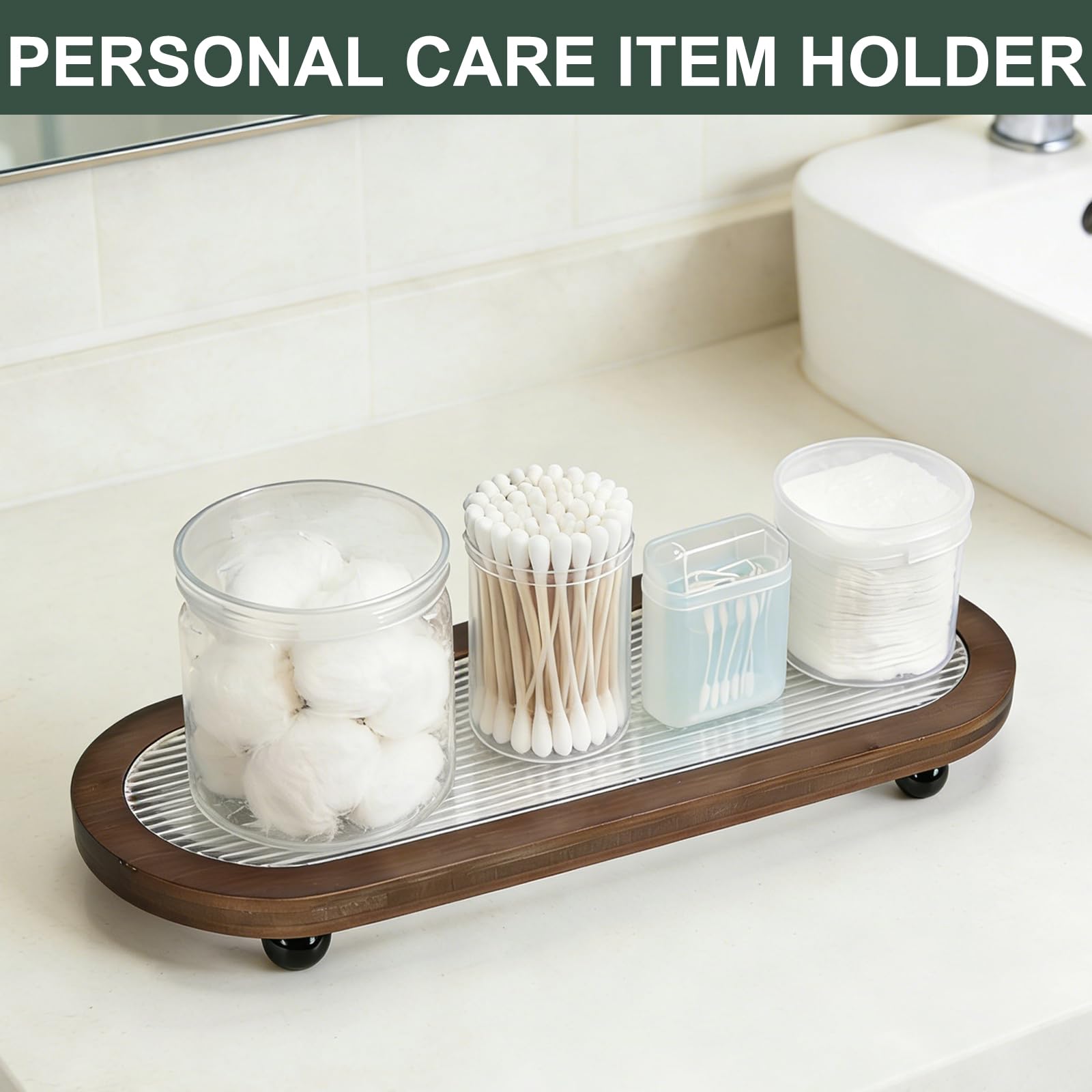 Decorative Serving Tray with Wood Frame and Embossed Clear Acrylic Insert, Oval Shape with Ball Feet, 30x11x3.5cm (Stripe)