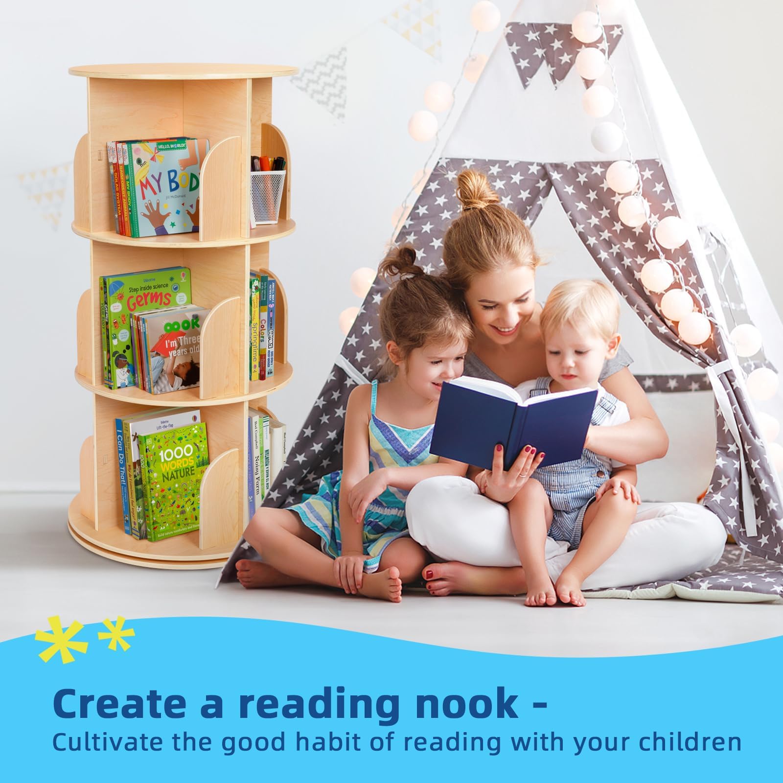 OOOK Rotating Bookshelf, 3 Tier Corner Spinning Bookshelf for Small Space