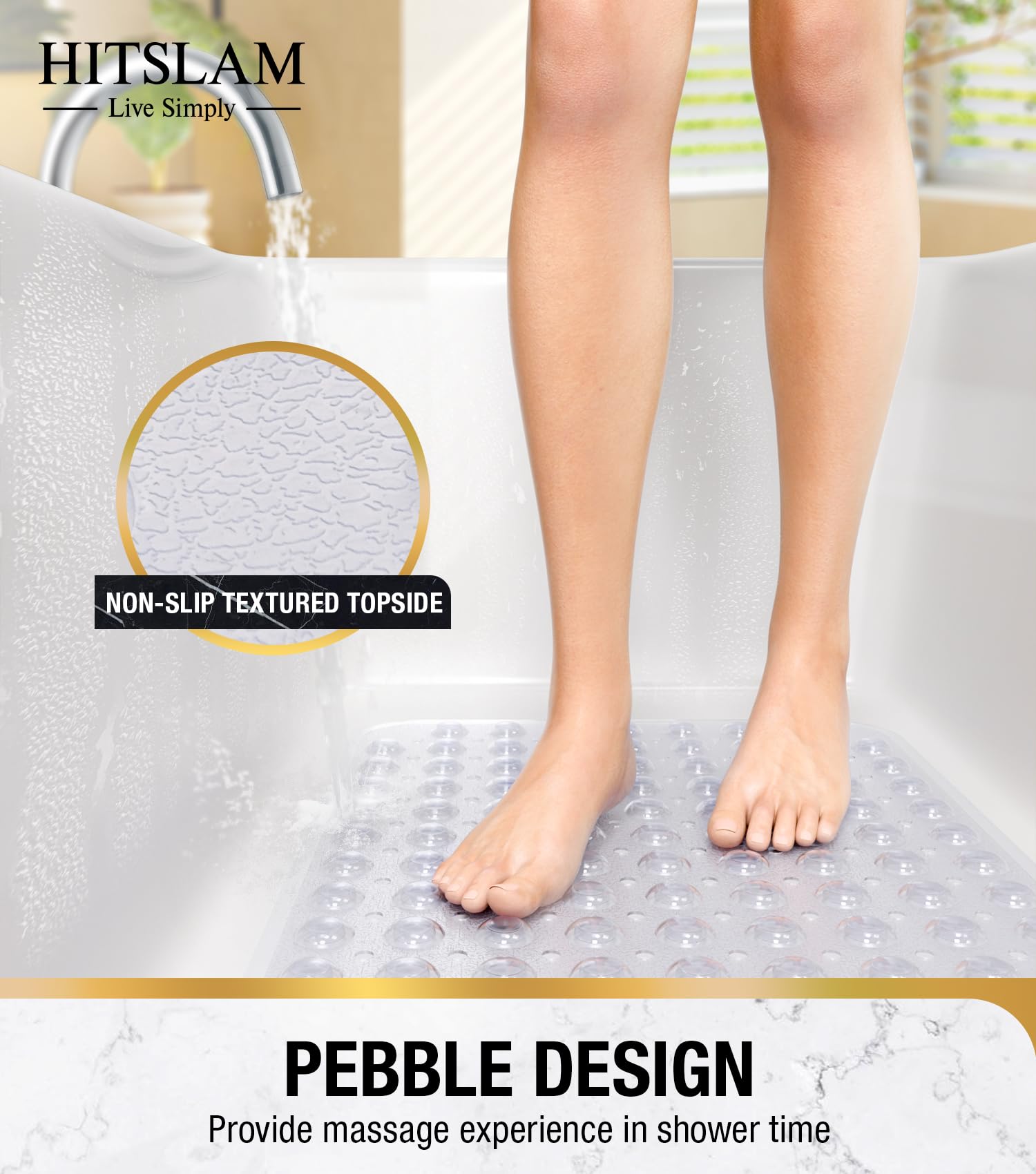 HITSLAM Non Slip Bath Mat for Tub, 101 x 40cm Extra Long Shower Mat Anti Mould, Machine Washable Bathroom Bathtub Mat with Suction Cups and Drain
